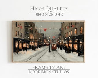 Valentine's Day Frame TV Art: Romantic Winter City Painting for Samsung Frame TV 4K, Love Themed Wall Art