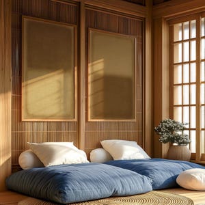 A serene Japanese-inspired room with natural wood walls, woven textures, and soft floor seating in indigo blue. Morning light filters through shoji screens, illuminating the Amber & Dawn Divide Set. The warm ochre and golden brown tones of the diptych blend seamlessly with the tranquil, organic setting, creating a balanced atmosphere of stillness, calm, and natural harmony.