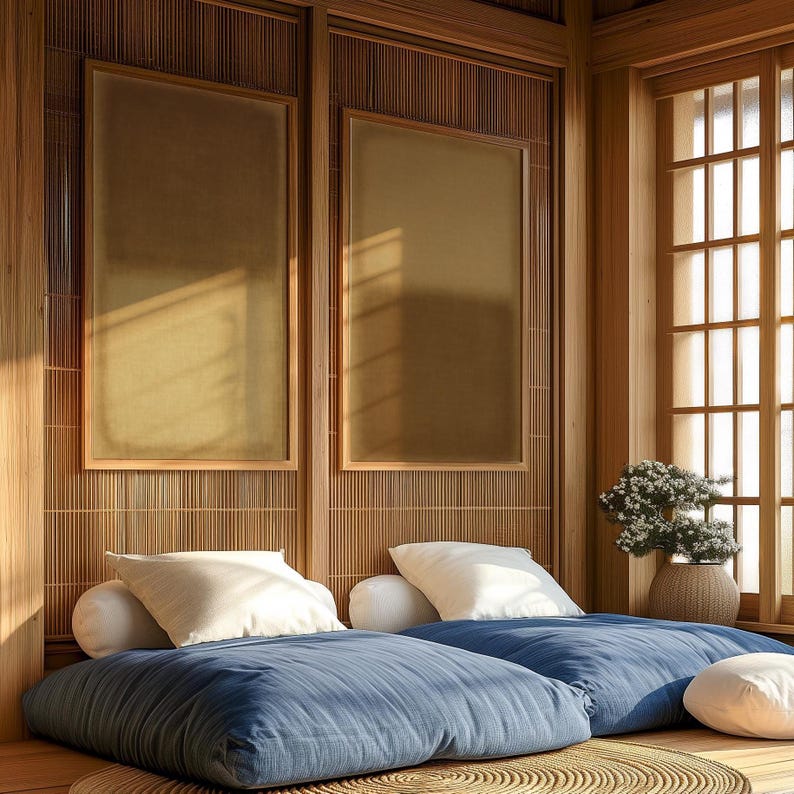 A serene Japanese-inspired room with natural wood walls, woven textures, and soft floor seating in indigo blue. Morning light filters through shoji screens, illuminating the Amber & Dawn Divide Set. The warm ochre and golden brown tones of the diptych blend seamlessly with the tranquil, organic setting, creating a balanced atmosphere of stillness, calm, and natural harmony.