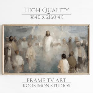 Può includere: Dipinto incorniciato a tema religioso. L'opera raffigura una figura centrale in abiti bianchi, circondata da altri in abiti chiari. Il dipinto ha una qualità morbida ed eterea con il testo "HIGH QUALITY 3840 x 2160 4K" e "FRAME TV ART KOOKIMON STUDIOS."