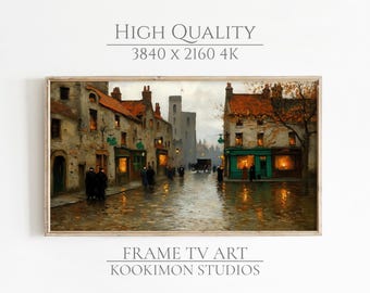 Irish Village Frame TV Art: Rainy European Town Painting, Moody Shamrock Pub TV Artwork