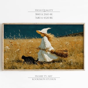 Cottagecore Witch and Black Cat For Samsung Frame TV: Spooky Halloween Art, Impressionist TV Art Digital Download