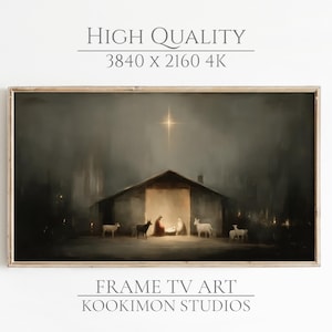 May include: A framed digital artwork depicting a nativity scene. The image features a barn with a bright light shining above it. The artwork includes the text "HIGH QUALITY 3840 x 2160 4K" and "FRAME TV ART KOOKIMON STUDIOS".