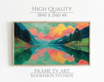 Frame TV Art: Vibrant Abstract Landscape Painting, Samsung Frame TV Art 4K, Colorful Modern Scenic Mountain Lake Art, Hisense Canvas TV Art