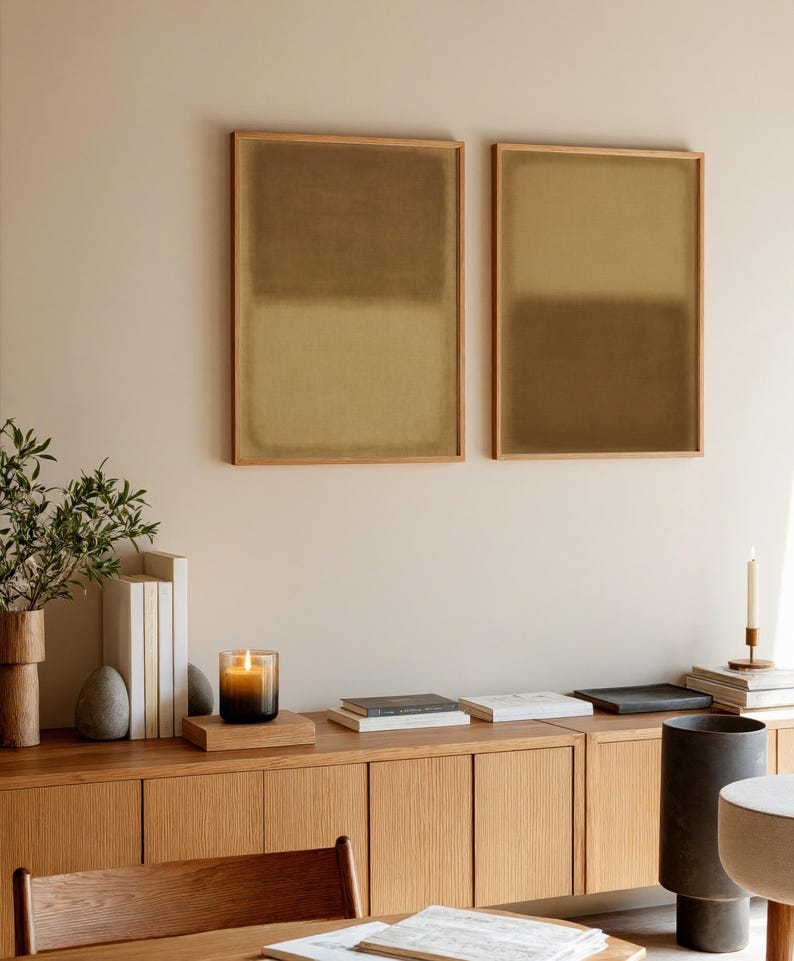 A cozy, moody workspace with stacked books, and a wooden desk. Above the desk hang two framed minimalist prints the Amber & Dawn Divide Set, featuring soft ochre and golden brown tones that blend into natural linen. The warm abstract art adds balance and quiet sophistication to the intimate study space, complementing the earthy wall and subdued lighting.