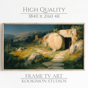 Könnte beinhalten: Gerahmtes Landschaftsgemälde mit einer friedlichen Außenszene, einem Grab und einem großen, runden Stein. Das Kunstwerk verwendet Blau-, Grün- und Gelbtöne. Der Text lautet "HIGH QUALITY 3840 x 2160 4K" und "FRAME TV ART KOOKIMON STUDIOS".