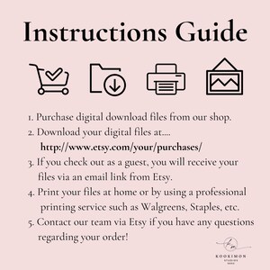 This is a step-by-step guide for purchasing and downloading digital files from Kookimon Studios on Etsy. It includes five steps: buying, downloading, email delivery for guests, printing, and contact support. The guide features shopping, download, and print icons, and the studio logo is at the bottom. URL: http://www.etsy.com/your/purchases/.