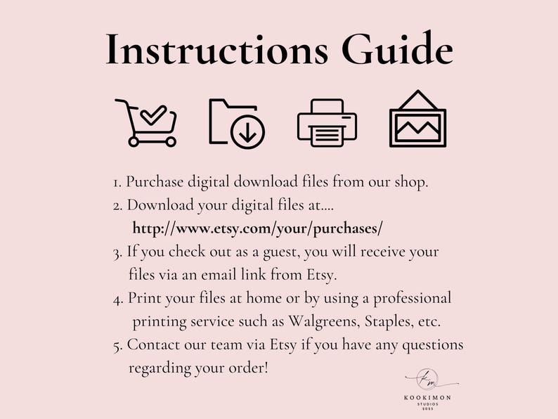 This is a step-by-step guide for purchasing and downloading digital files from Kookimon Studios on Etsy. It includes five steps: buying, downloading, email delivery for guests, printing, and contact support. The guide features shopping, download, and print icons, and the studio logo is at the bottom. URL: http://www.etsy.com/your/purchases/.