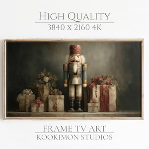 May include: A framed print depicting a nutcracker soldier surrounded by wrapped gifts and floral arrangements. The artwork uses a muted colour palette and a dark background, creating a classic festive atmosphere.