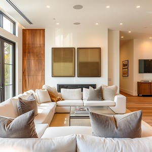 A bright, inviting living room with a large sectional sofa, layered neutral pillows, and warm wood accents. Above the fireplace hang two minimalist prints, the Amber & Dawn Divide Set, featuring soft gradients of ochre and golden brown on a natural linen base. The serene diptych complements the clean modern space, adding balance and quiet sophistication to the airy, light-filled interior.