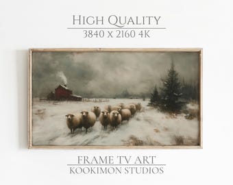 Décoration d'hiver pour téléviseur avec cadre : mouton de campagne pour Samsung, oeuvre d'art en cadre TV 4K, oeuvre de ferme rustique