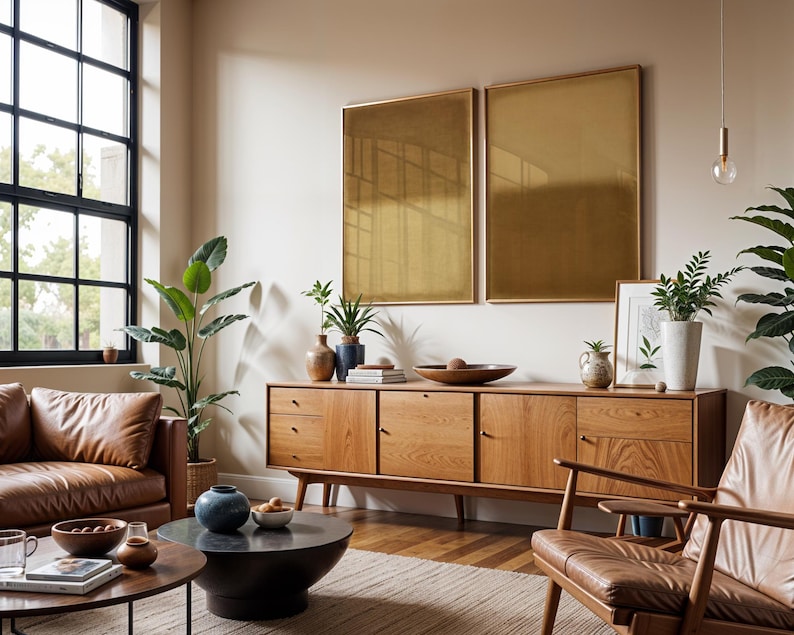 A warm, sunlit living room with mid-century furniture, tan leather seating, and lush indoor plants. A wooden credenza anchors the space beneath the Amber & Dawn Divide Set. The two minimalist artworks feature soft amber and golden brown gradients on linen, blending perfectly with the natural textures and earthy palette, creating a sense of quiet balance and modern organic harmony.