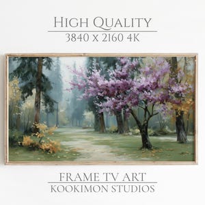 Può includere: Dipinto di paesaggio incorniciato di una scena di foresta con un sentiero e un albero in fiore. Il dipinto ha una cornice in legno e il testo "HIGH QUALITY 3840 x 2160 4K" e "FRAME TV ART KOOKIMON STUDIOS".