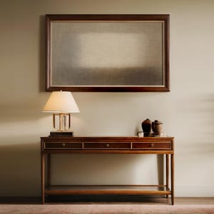 A warm, elegant entryway with beige walls, a polished wooden console table, and a soft-glow table lamp creating a cozy, inviting atmosphere. Above the console hangs a Samsung Frame TV featuring soft beige and earth-toned layers with a diffused central form and subtle textured surface. Designed for Frame TV, this neutral artwork creates a calm, gallery-style presence on a television, blending naturally into modern, Japandi, and minimalist interiors.