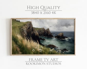 Coastal Frame TV Art: Irish Cliffside Landscape Painting, Moody St Patrick's Day Decor #TV405