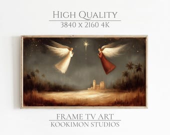 May include: A framed digital art print depicting two angels with outstretched wings, one in white and the other in red, against a dark, starry sky. A bright star shines above a distant town. The text "HIGH QUALITY 3840 x 2160 4K" and "FRAME TV ART KOOKIMON STUDIOS" are visible.