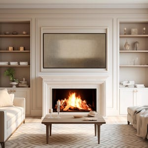 A refined living room with a glowing fireplace, neutral furnishings, and built-in shelving styled with ceramics and books. Soft natural light and beige tones create a warm, elegant atmosphere. Above the mantel, the Samsung Frame TV features soft beige and earth-toned layers with a diffused central form and subtle textured surface. Designed for Frame TV, this neutral artwork creates a calm, gallery-style presence on a television, blending naturally into modern, Japandi, and minimalist interiors.