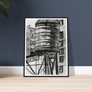 Stampa artistica incorniciata "Chelsea View", l'opera d'arte originale è un pastello a carboncino su carta, disegno a carboncino, giclée, decorazione da parete, arte da parete