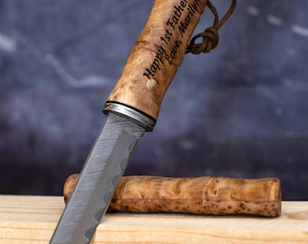 Engraved Damascus Steel Knife: Curly Birch Handle, Wooden Sheath