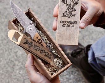 Engraved Groomsmen Gift Set – Pocket Knife & Leather Bottle Opener, Wooden Box