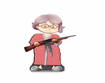 Rifle-Wielding Grandma PNG Avatar – Bespectacled Lady in Pink Housecoat (VeadoTube Mini Ready)