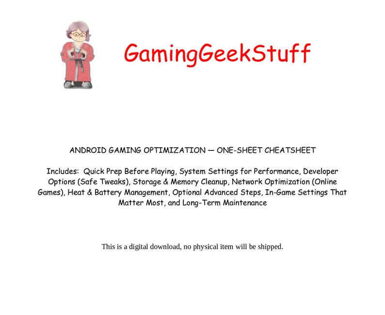 K&ouml;nnte beinhalten: Ein digitaler Download mit dem Titel "ANDROID GAMING OPTIMIZATION - ONE-SHEET CHEATSHEET" mit einem Cartoon-Bild einer Frau. Der Text enth&auml;lt Tipps f&uuml;r Spieleleistung, Systemeinstellungen und Speicherbereinigung.