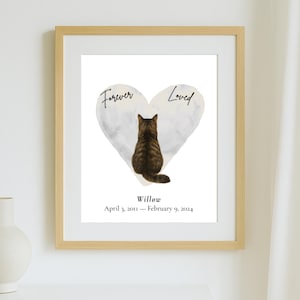 Stampa commemorativa con gatto soriano amato per sempre, regalo per la perdita di un animale domestico, stampabile, decorazione murale con gatto a forma di cuore, nome e data personalizzabili, omaggio al gatto con simpatia.