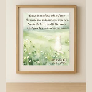 Stampa commemorativa personalizzata per gatti, prato verde, poesia per la perdita di un animale domestico, omaggio artistico personalizzato per gatti, regalo Rainbow Bridge, download digitale