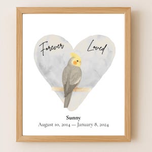 Stampa commemorativa per calopsitta, regalo personalizzato per la perdita di un uccello, stampabile, arte commemorativa, decorazione da parete per animali domestici, acquerello, regalo per la perdita di un animale domestico.