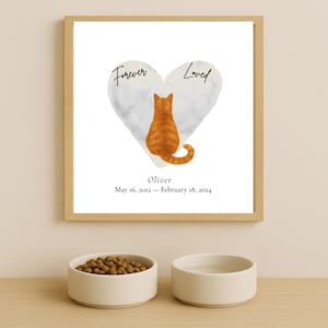 Stampa commemorativa con gatto soriano arancione amato per sempre, regalo per la perdita di un animale domestico, stampabile, decorazione da parete con gatto rosso, opzione per nome e date personalizzabili, regalo di condoglianze