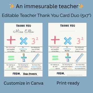 Carte de remerciement modifiable pour professeur de mathématiques duo de 5 x 7 pouces avec des jeux de mots mathématiques amusants et un cadeau instantané en téléchargement numérique prêt à imprimer