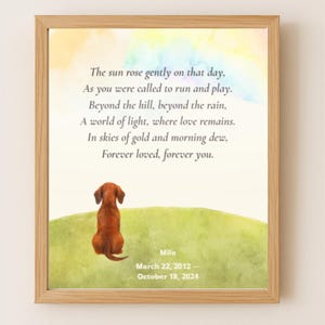 Stampa commemorativa per animali domestici arcobaleno amati per sempre, regalo per la perdita del cane, silhouette di bassotto, tributo personalizzato, poesia ad acquerello, download immediato