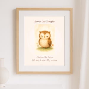 Stampa commemorativa del gufo, sempre nei nostri pensieri, ricordo della perdita del neonato, stampabile, arte per la perdita del neonato, regalo personalizzato per la cameretta dei bambini