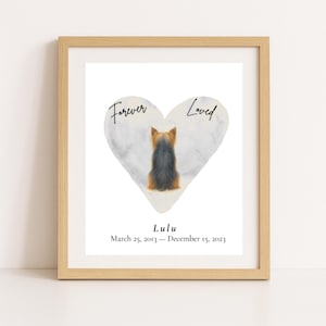 Stampa commemorativa per cane Yorkie amato per sempre, regalo per la perdita di un animale domestico, stampabile, a forma di cuore, nome e data, opzione personalizzata, arte commemorativa per animali domestici.