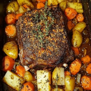May include: A tray of roasted beef with potatoes and carrots. The beef is covered in a crusty topping and herbs. The potatoes and carrots are cut into chunks and are golden brown. Fresh herbs garnish the dish, which is ready to serve.