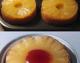 Könnte beinhalten: Vier Ananas-Kuchen in einer Backform und ein Kuchen auf einem weißen Teller mit roter Gelee-Füllung.