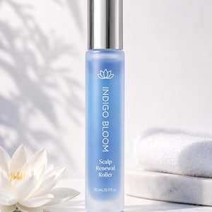 Może przedstawiać: Niebieska szklana butelka ze srebrną nakrętką z napisem "INDIGO BLOOM Scalp Renewal Roller". Butelka zawiera 10 ml/0,3 fl oz produktu. Biały kwiat lotosu i złożony biały ręcznik w tle.