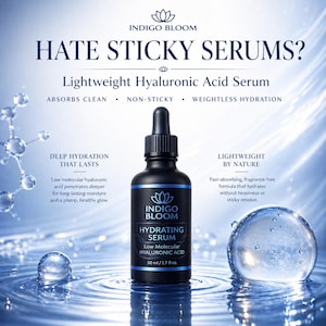 May include: A black bottle of Indigo Bloom Hydrating Serum with a blue label, featuring the text "HATE STICKY SERUMS?" and "Lightweight Hyaluronic Acid Serum." The bottle is 1.7 fl oz. The background shows water droplets and text about the serum's benefits.