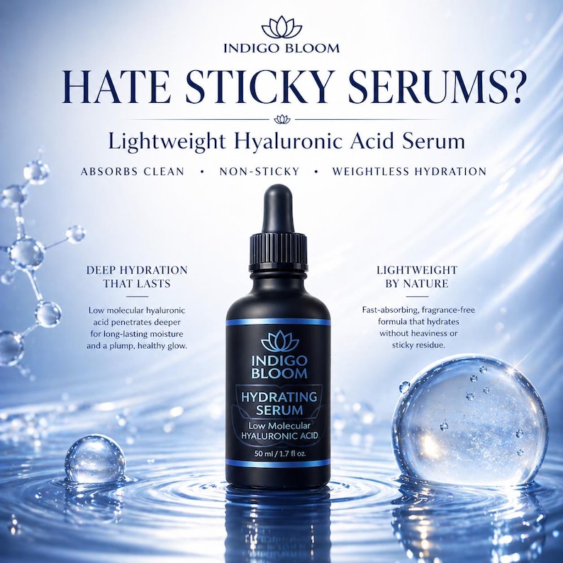 May include: A black bottle of Indigo Bloom Hydrating Serum with a blue label, featuring the text "HATE STICKY SERUMS?" and "Lightweight Hyaluronic Acid Serum." The bottle is 1.7 fl oz. The background shows water droplets and text about the serum's benefits.