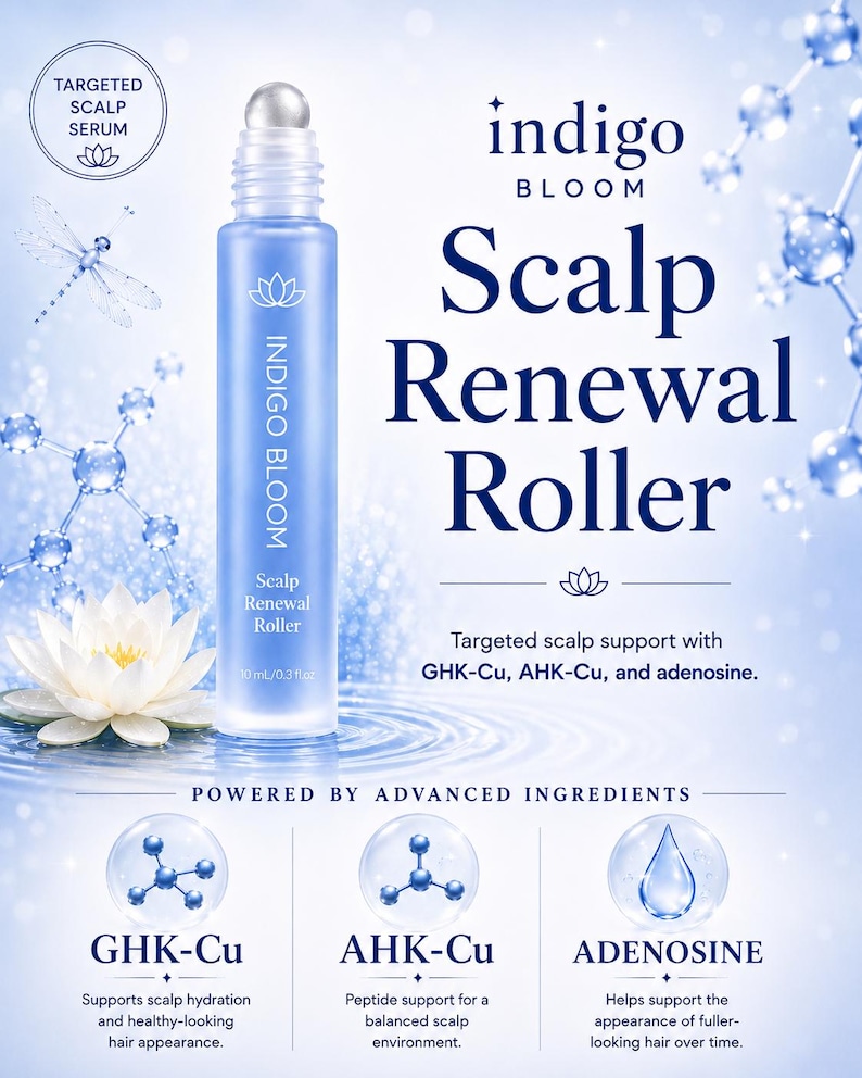 Może przedstawiać: Niebieska butelka Indigo Bloom Scalp Renewal Roller ze srebrną kulką. Produkt jest reklamowany jako wsparcie dla sk&oacute;ry głowy z GHK-Cu, AHK-Cu i adenozyną. Obraz zawiera tekst o zaawansowanych składnikach.