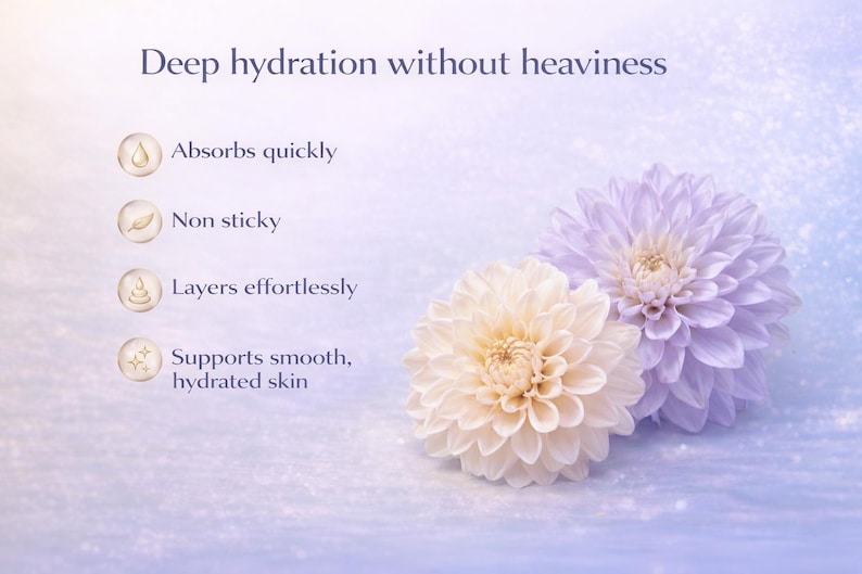 May include: A promotional image featuring two dahlias, one cream-colored and the other lavender, against a soft, blurred background. Text highlights product benefits: absorbs quickly, non-sticky, layers effortlessly, and supports smooth, hydrated skin. The headline reads: Deep hydration without heaviness.