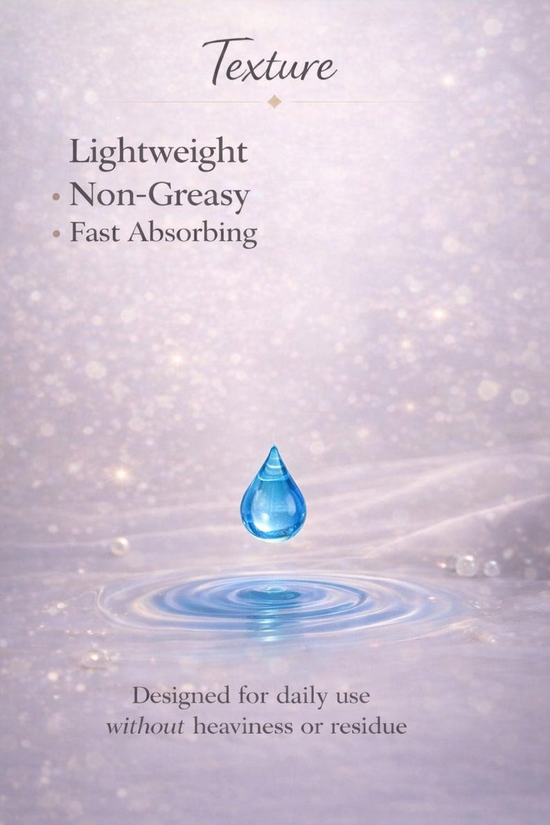 May include: A blue water droplet suspended above rippling water, with the word "Texture" at the top. Text below describes the product as lightweight, non-greasy, and fast-absorbing, designed for daily use without heaviness or residue.