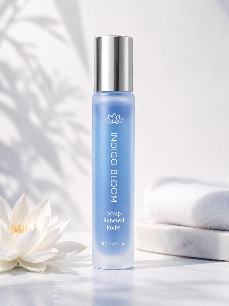 Może przedstawiać: Niebieska szklana butelka ze srebrną nakrętką z napisem "INDIGO BLOOM Scalp Renewal Roller". Butelka zawiera 10 ml/0,3 fl oz produktu. Biały kwiat lotosu i złożony biały ręcznik w tle.