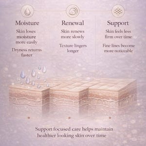 May include: An infographic detailing skin changes over time. It highlights moisture loss, slower renewal, and reduced support, with a cross-section of skin layers. Text explains how focused care helps maintain healthier skin.