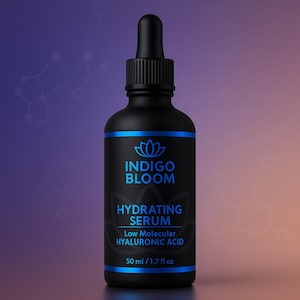 May include: A black bottle of Indigo Bloom Hydrating Serum with a dropper top. The label features the brand name and product details in blue, including "Low Molecular Hyaluronic Acid." The bottle contains 1.7 fl oz of serum.