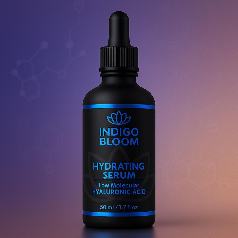 May include: A black bottle of Indigo Bloom Hydrating Serum with a dropper top. The label features the brand name and product details in blue, including "Low Molecular Hyaluronic Acid." The bottle contains 1.7 fl oz of serum.