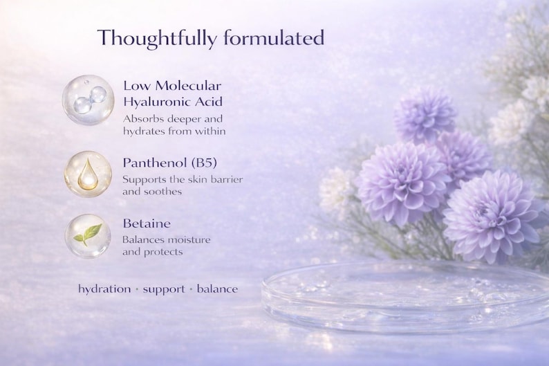 May include: A soft, light purple image with text describing skincare ingredients. The text includes "Low Molecular Hyaluronic Acid", "Panthenol (B5)", and "Betaine". The image also features purple flowers and a clear, round dish.