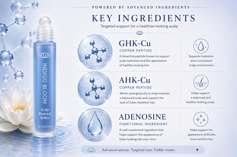 Może przedstawiać: Wałek do odnowy sk&oacute;ry głowy Indigo Bloom, 30 ml, jest wyświetlany na jasnoniebieskim tle. Obraz przedstawia kluczowe składniki: GHK-Cu, AHK-Cu i Adenozynę, promujące zdrowsze włosy i sk&oacute;rę głowy.