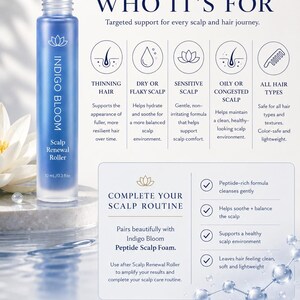 Może przedstawiać: Indigo Bloom Scalp Renewal Roller, niebieska butelka z aplikatorem w kulce, przeznaczona jest do pielęgnacji sk&oacute;ry głowy i włos&oacute;w. Produkt ma pojemność 10 ml / 0,3 fl oz. Obraz zawiera tekst o korzyściach produktu dla r&oacute;żnych rodzaj&oacute;w włos&oacute;w.