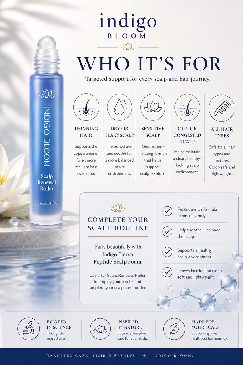 Może przedstawiać: Indigo Bloom Scalp Renewal Roller, niebieska butelka z aplikatorem w kulce, przeznaczona jest do pielęgnacji sk&oacute;ry głowy i włos&oacute;w. Produkt ma pojemność 10 ml / 0,3 fl oz. Obraz zawiera tekst o korzyściach produktu dla r&oacute;żnych rodzaj&oacute;w włos&oacute;w.